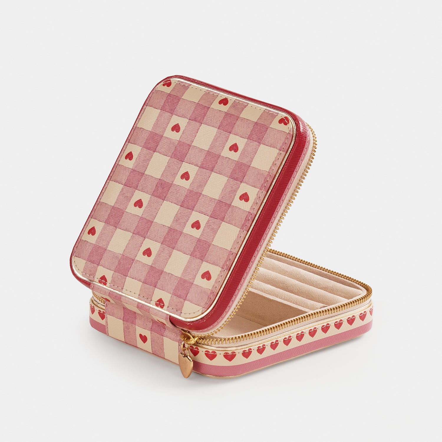 Pink Red Heart Print Faux Leather Zippered Jewellery Box