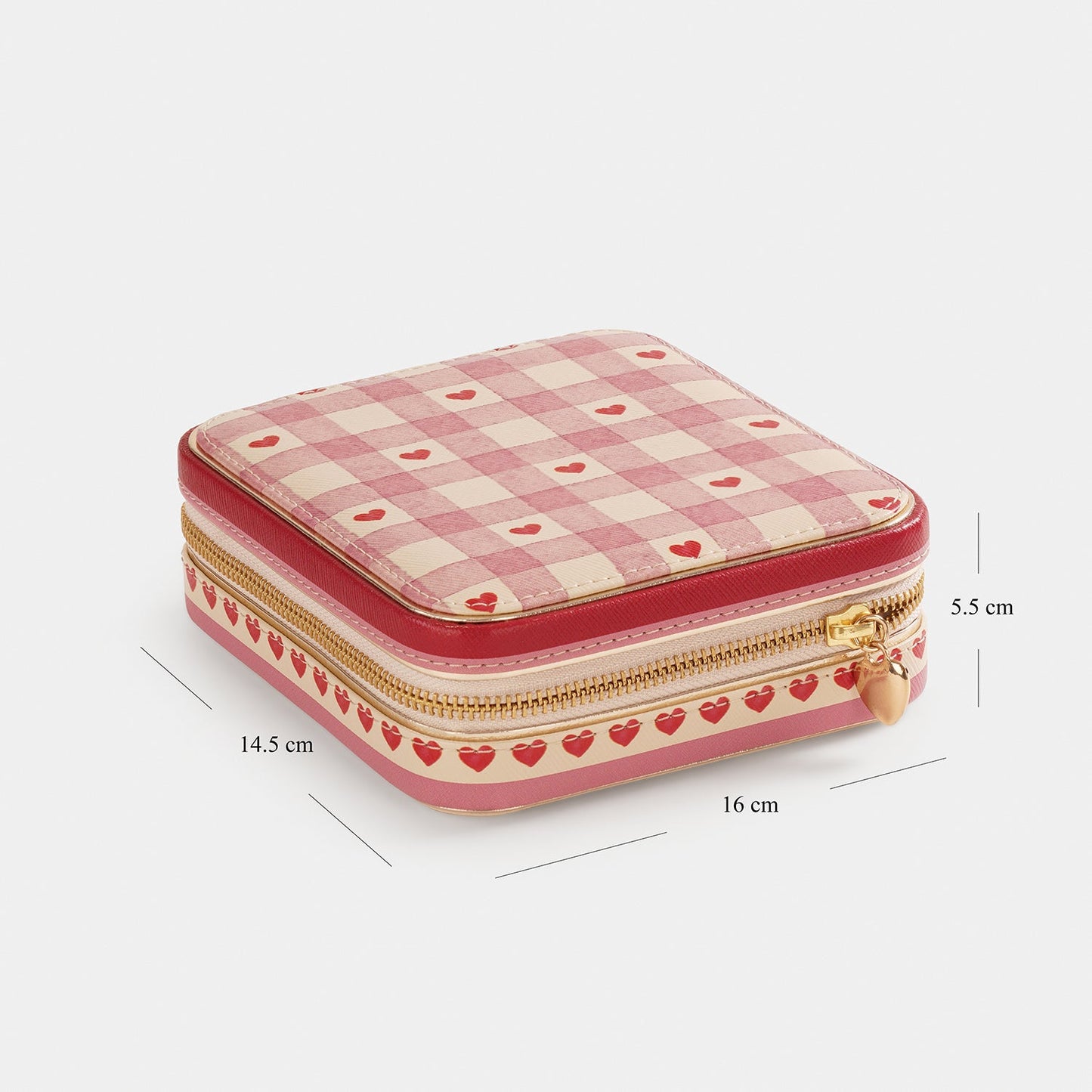Pink Red Heart Print Faux Leather Zippered Jewellery Box