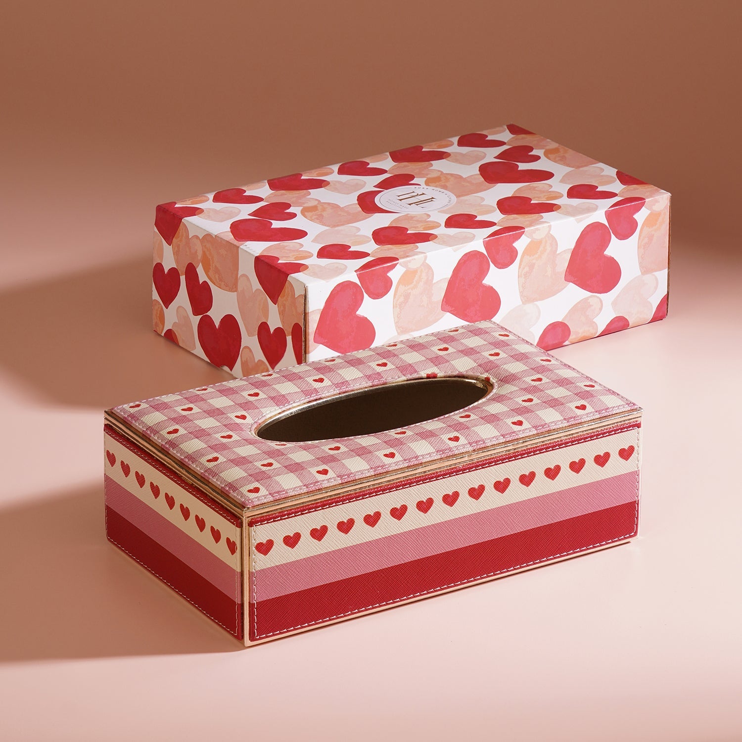 Pink Red Heart Print Faux Leather Tissue Box
