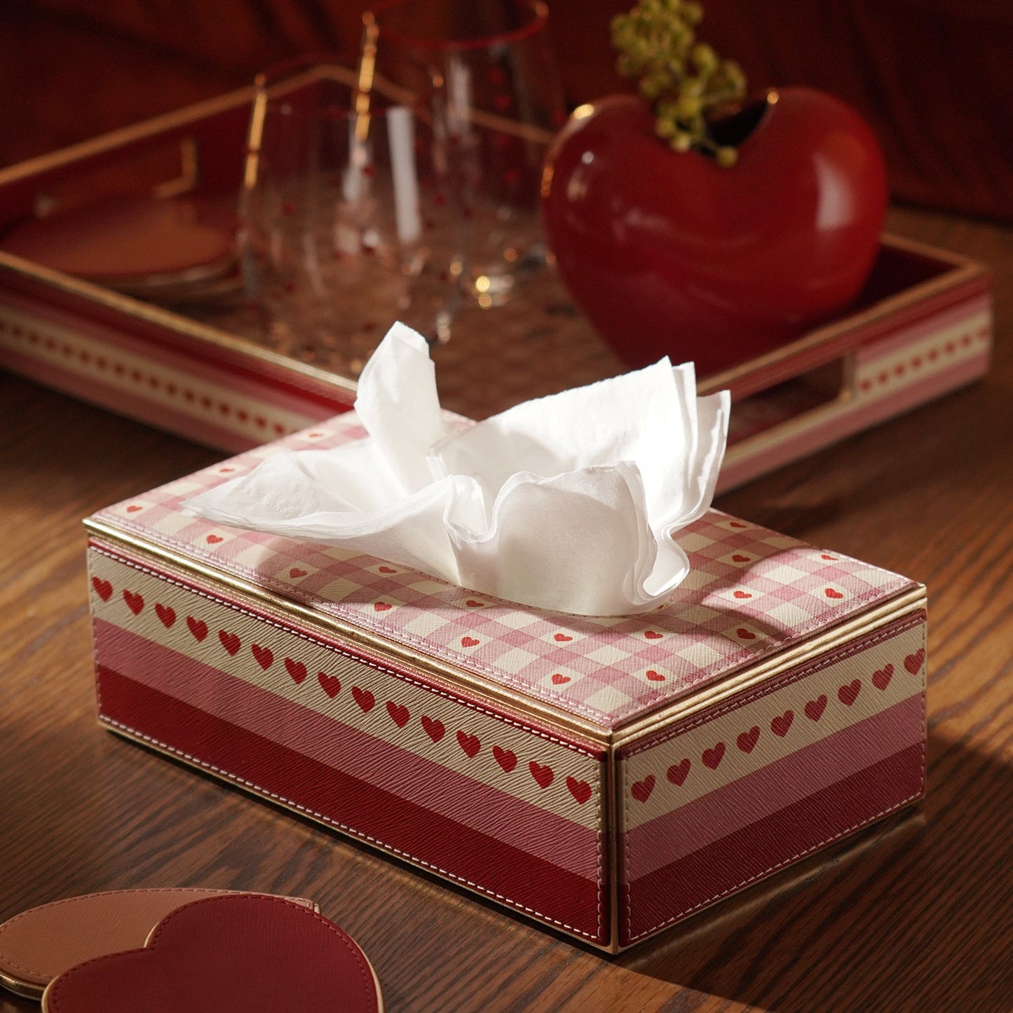 Pink Red Heart Print Faux Leather Tissue Box