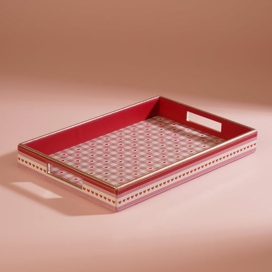 Pink Small Heart Print Faux Leather Rectangular Tray