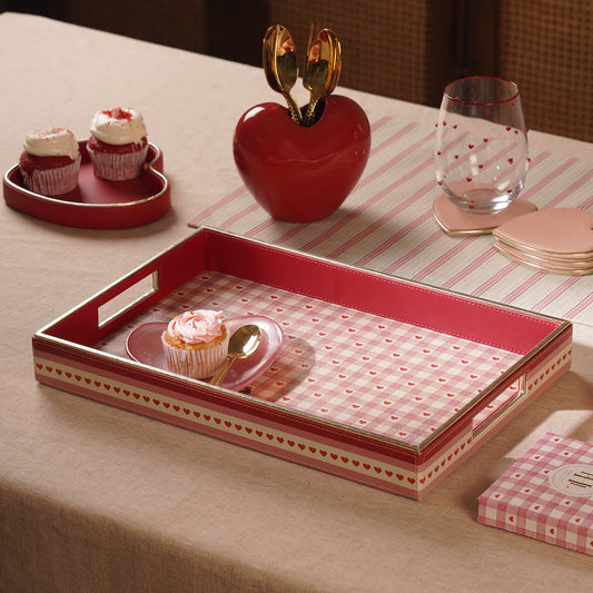 Pink Small Heart Print Faux Leather Rectangular Tray