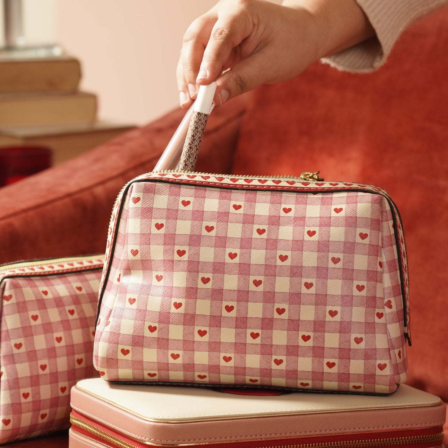 Pink Printed Faux Leather Vanity Pouch - Large