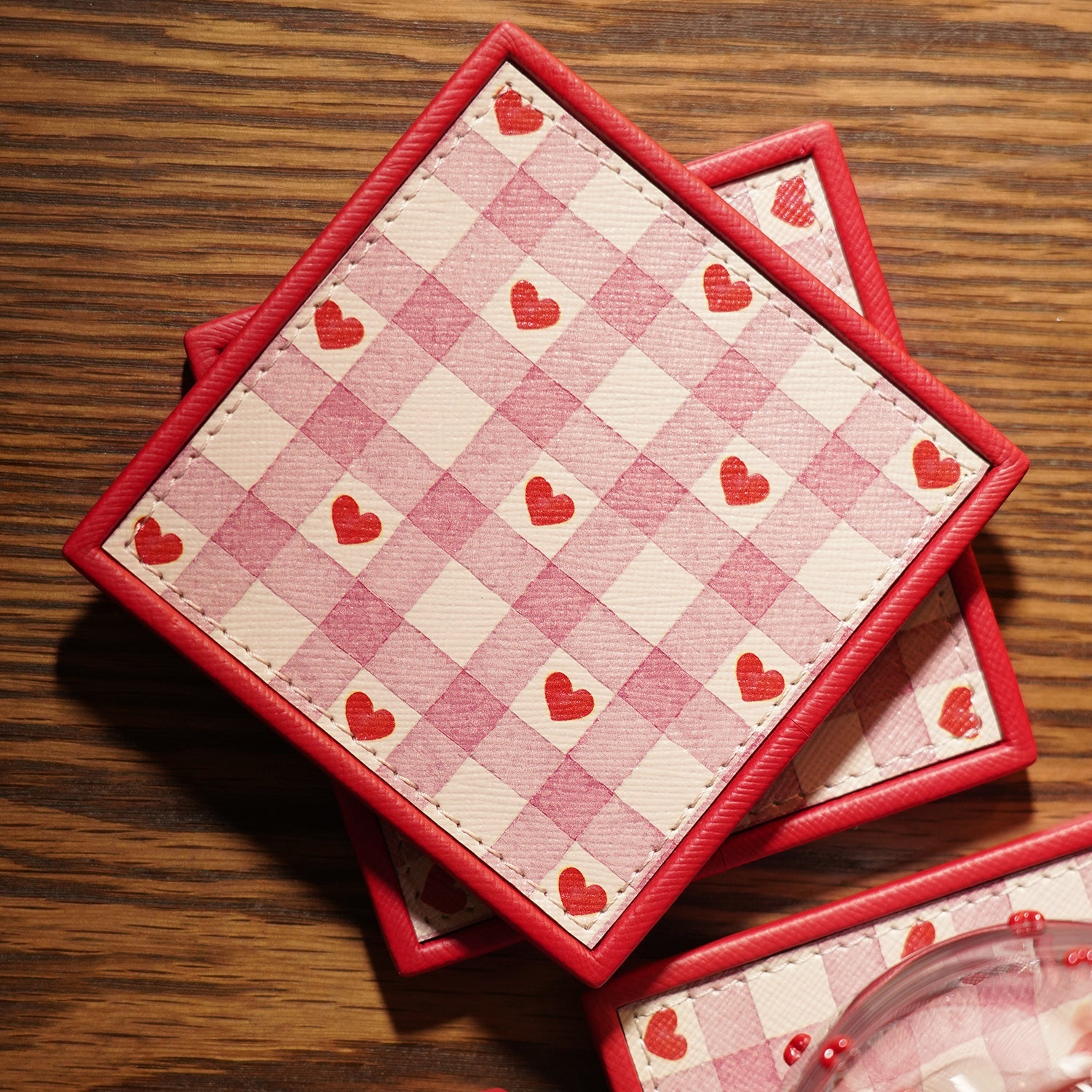 Set of 4 Pink Heart Print Faux Leather Coasters