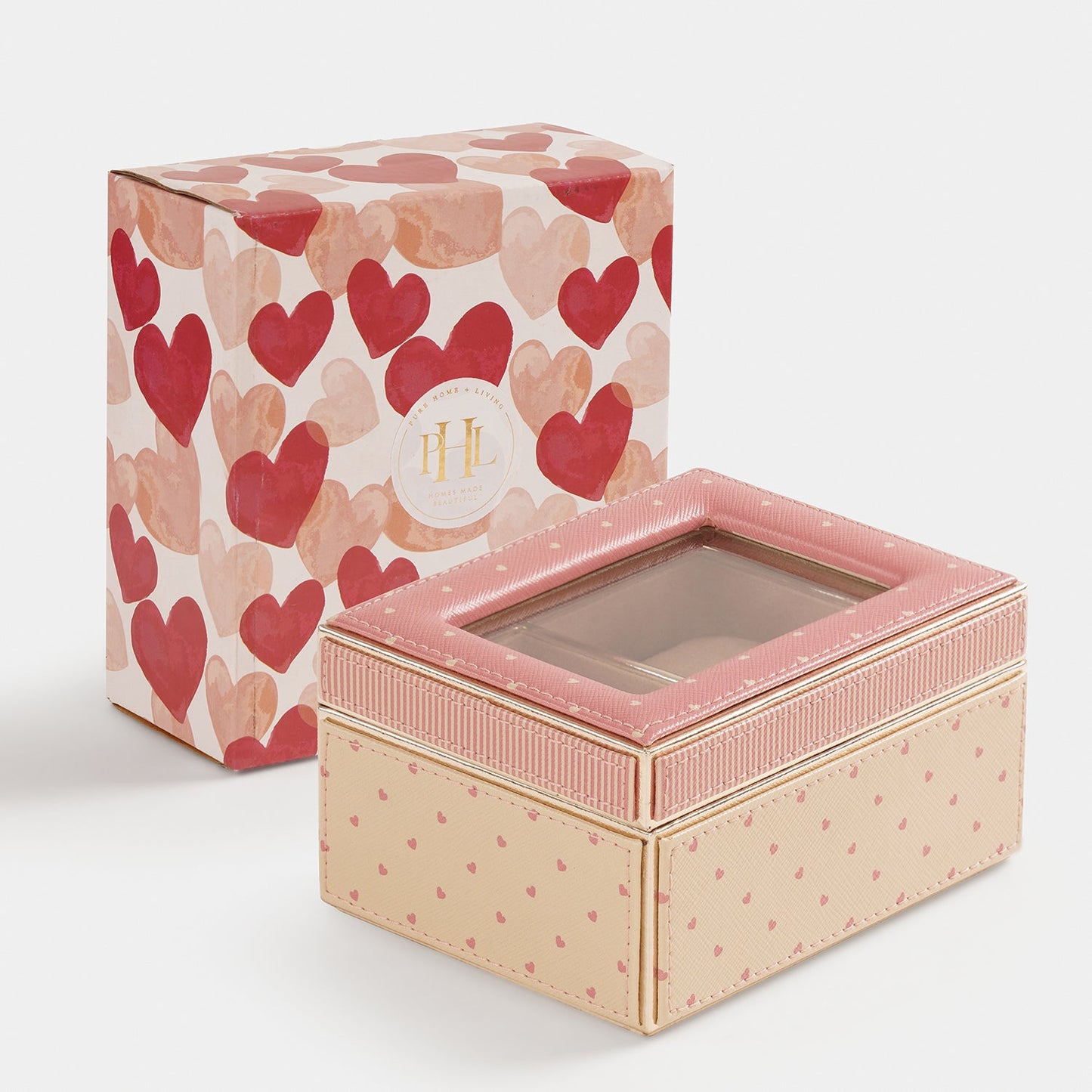 Pink Heart Print Faux Leather Watch Box