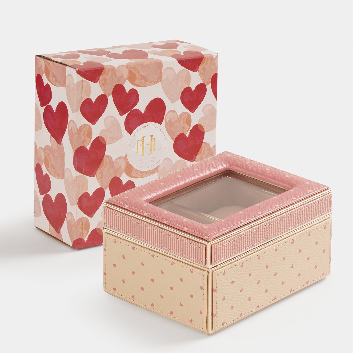 Pink Heart Print Faux Leather Watch Box