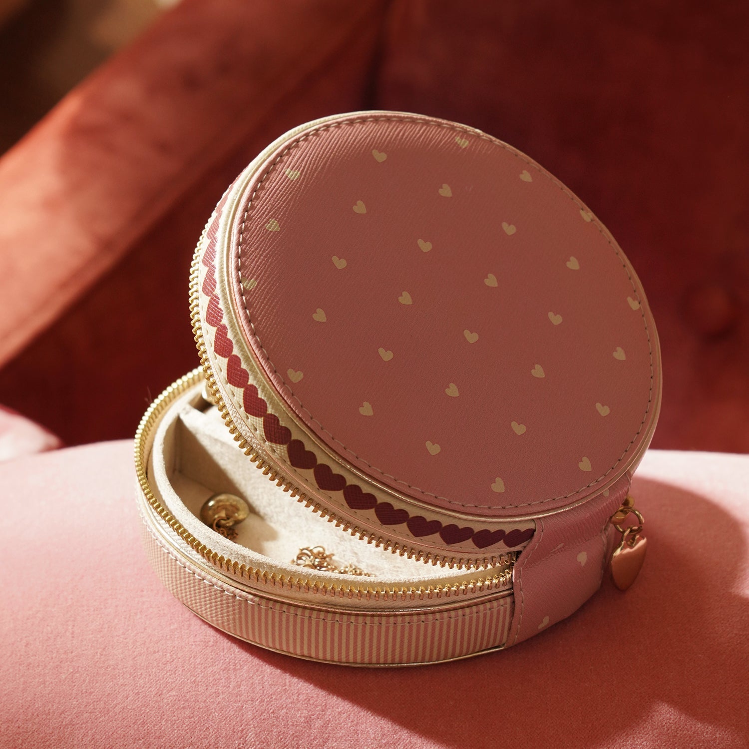 Pink Heart Print Faux Leather Round Jewellery Box