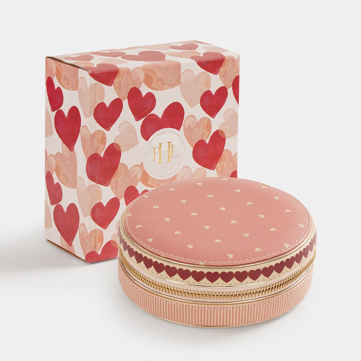 Pink Heart Print Faux Leather Round Jewellery Box