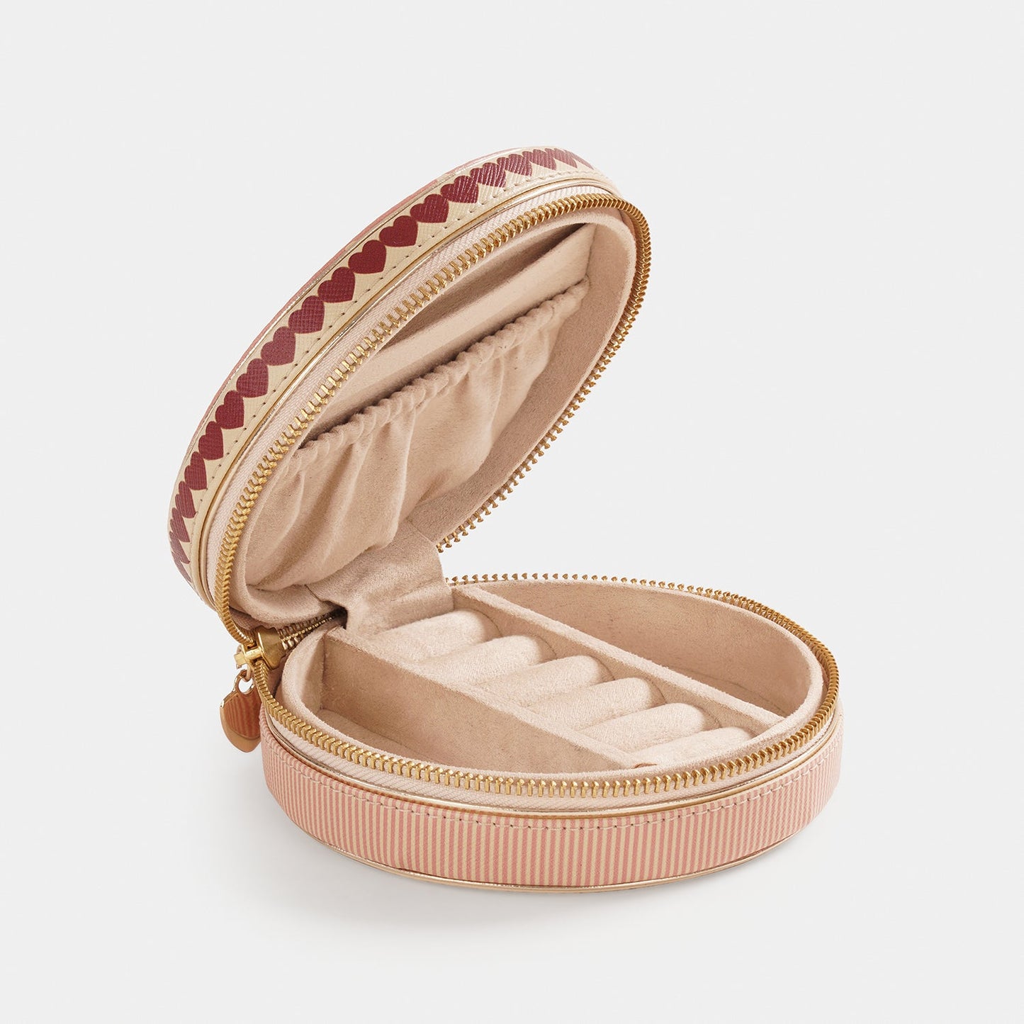 Pink Heart Print Faux Leather Round Jewellery Box