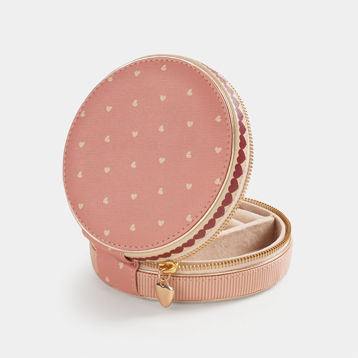 Pink Heart Print Faux Leather Round Jewellery Box