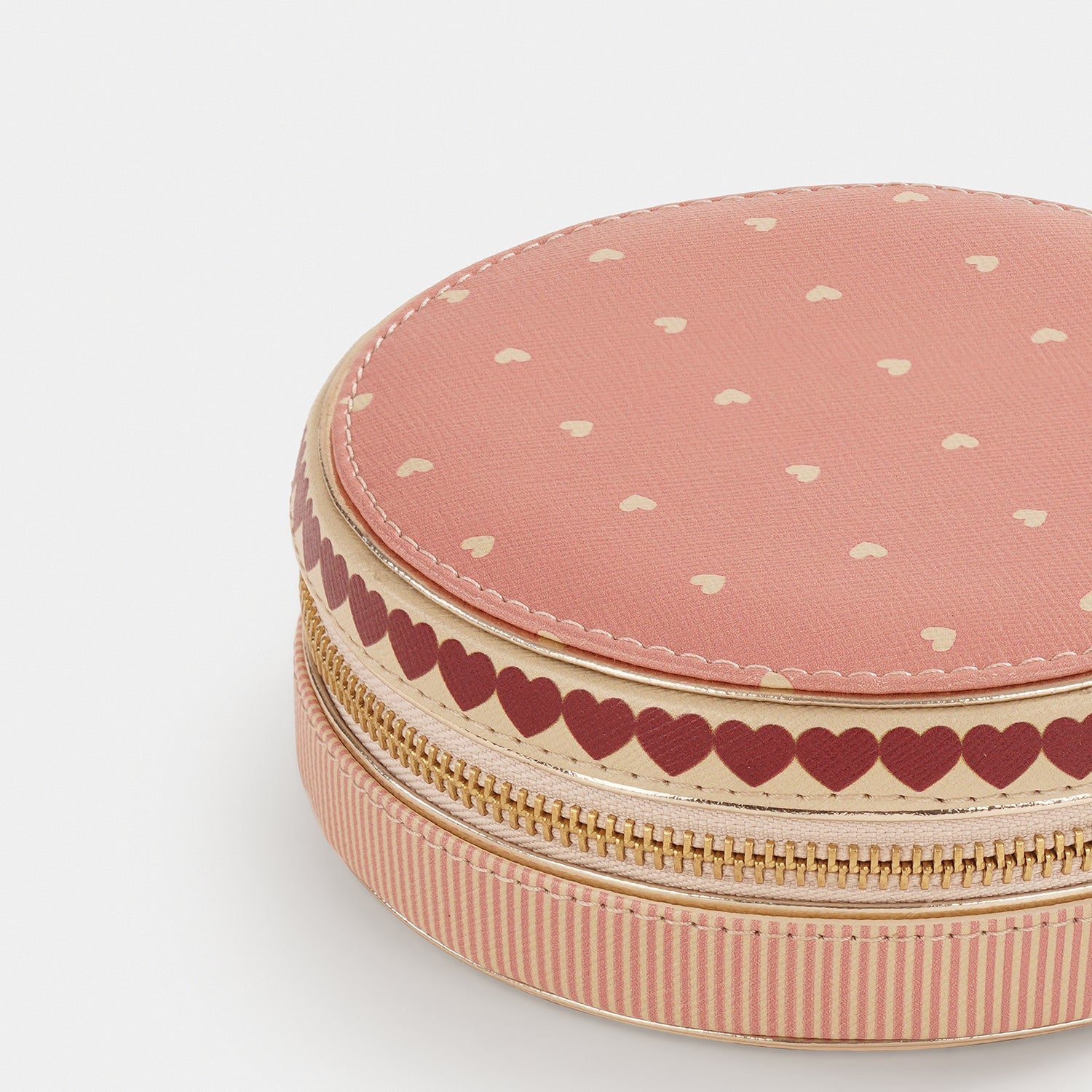 Pink Heart Print Faux Leather Round Jewellery Box