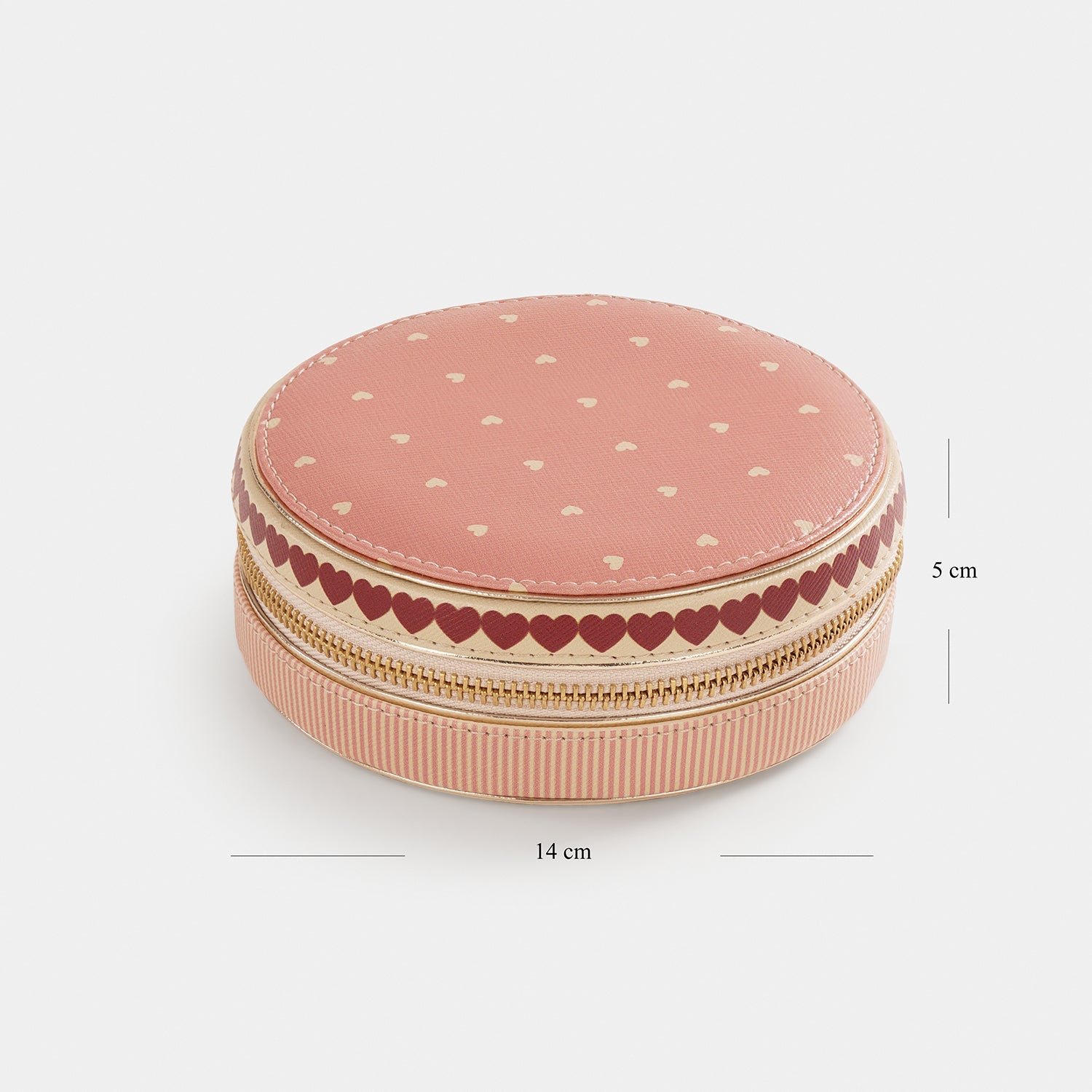 Pink Heart Print Faux Leather Round Jewellery Box