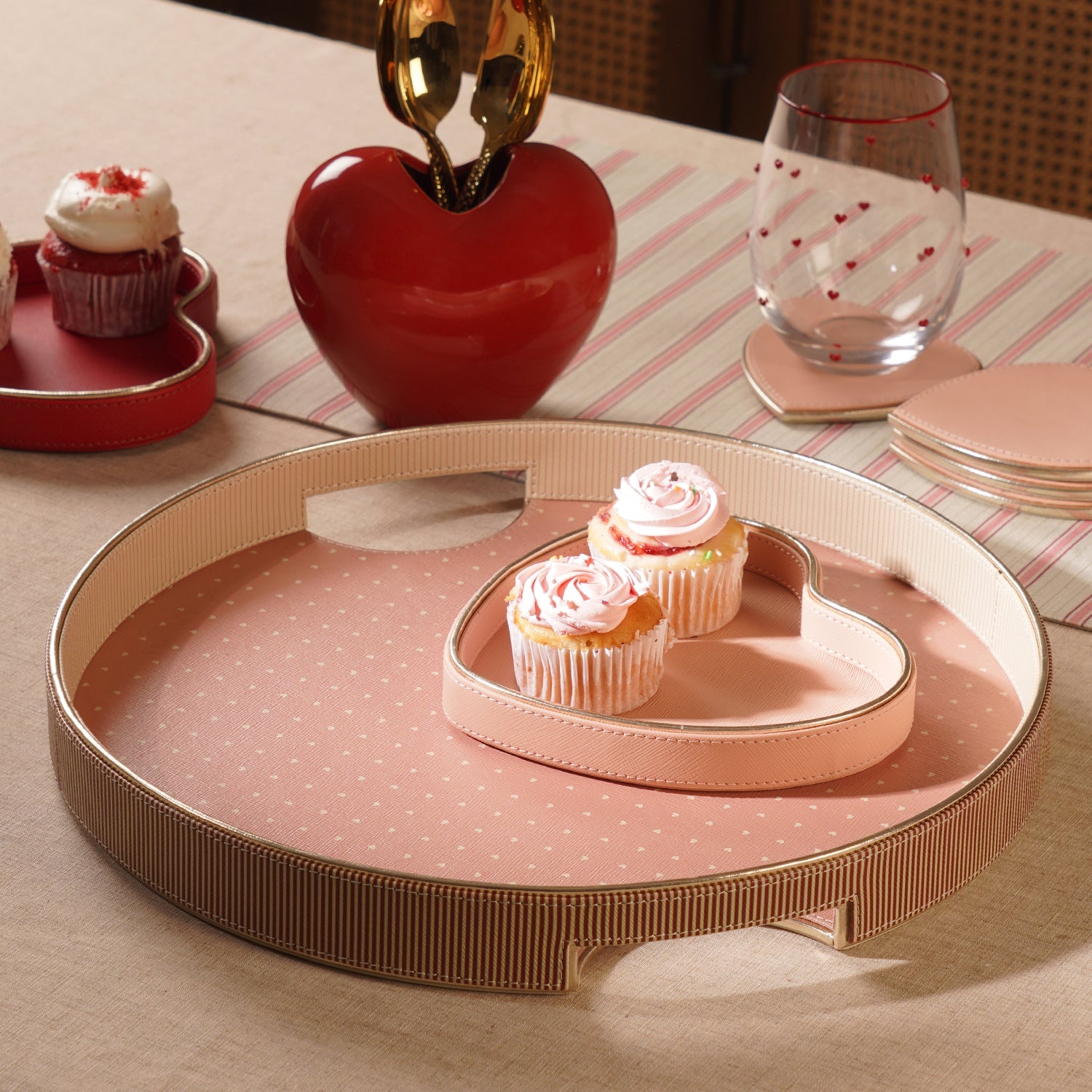 Pink Heart Print Faux Leather Round Tray