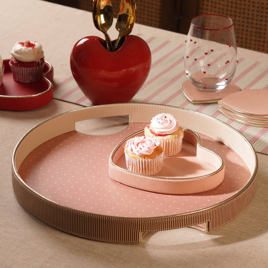 Pink Heart Print Faux Leather Round Tray