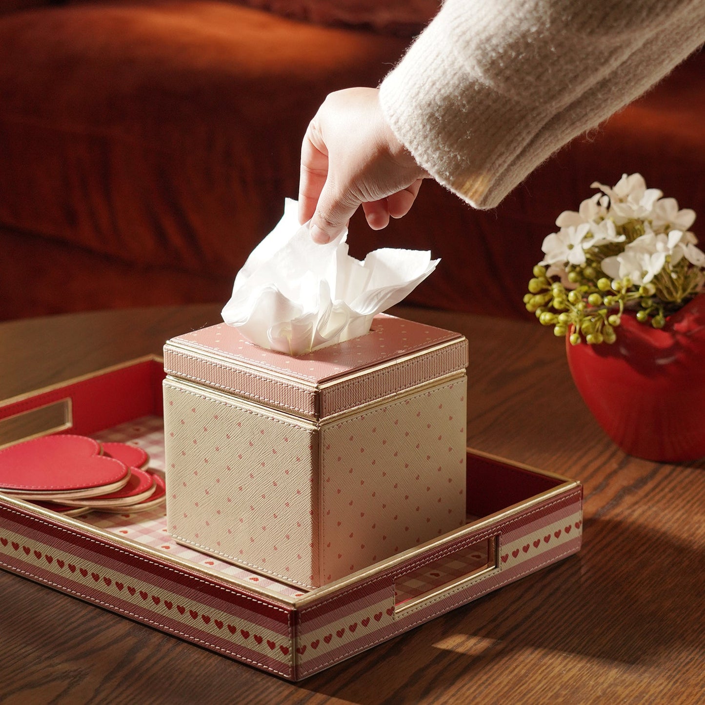 Pink Heart Print Faux Leather Square Tissue Box