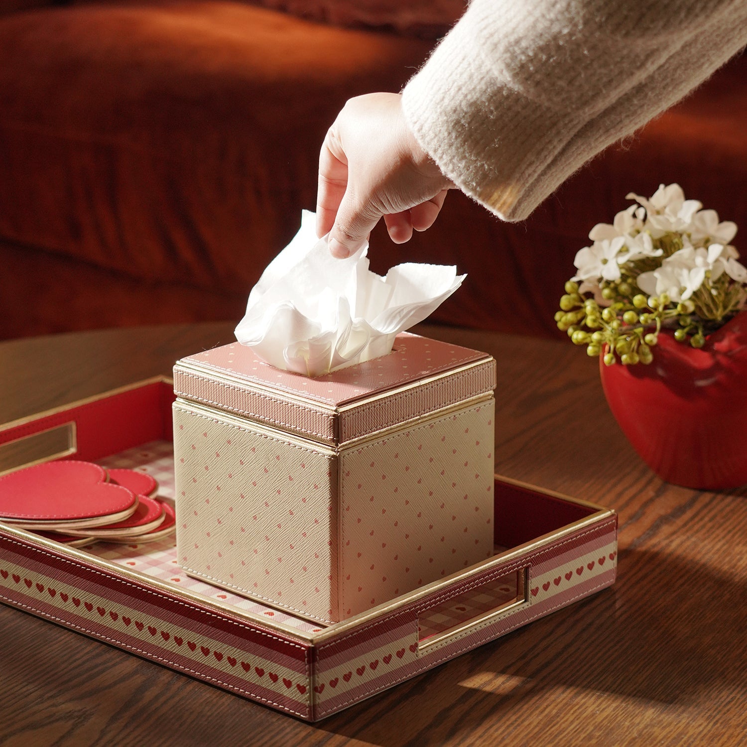 Pink Heart Print Faux Leather Square Tissue Box