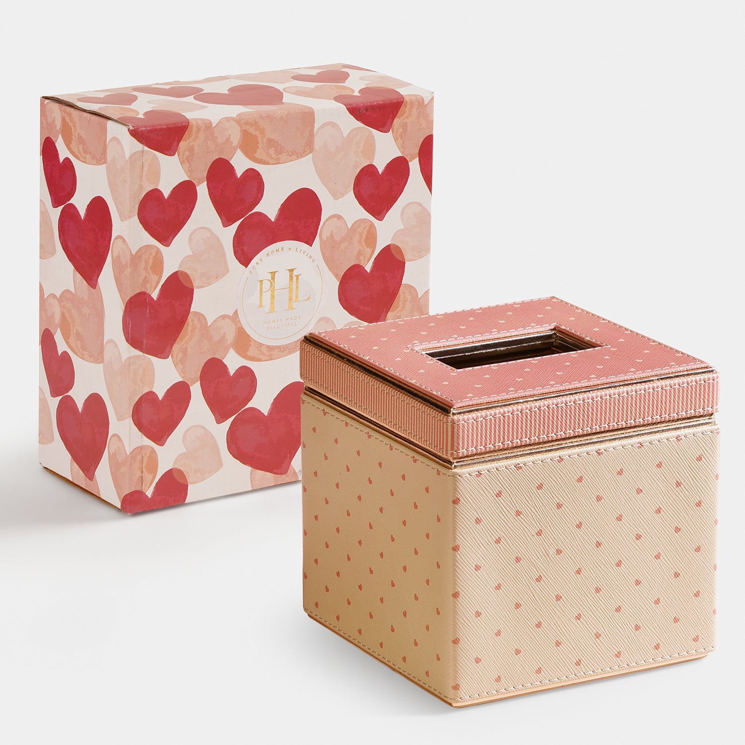 Pink Heart Print Faux Leather Square Tissue Box