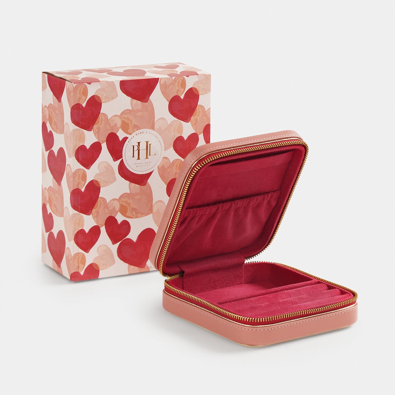 Beige Red Heart Faux Leather Jewellery Box - Small
