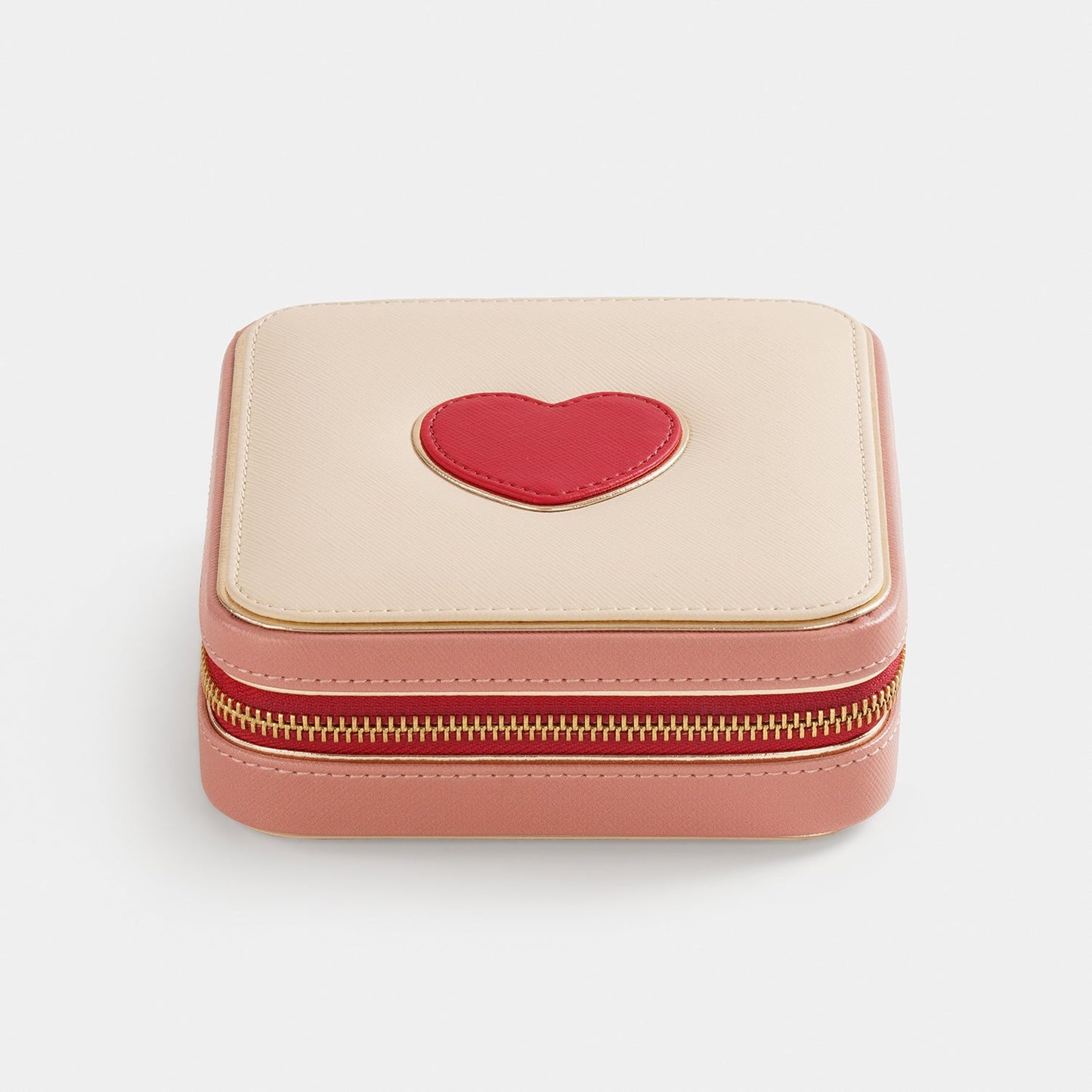 Beige Red Heart Faux Leather Jewellery Box - Small