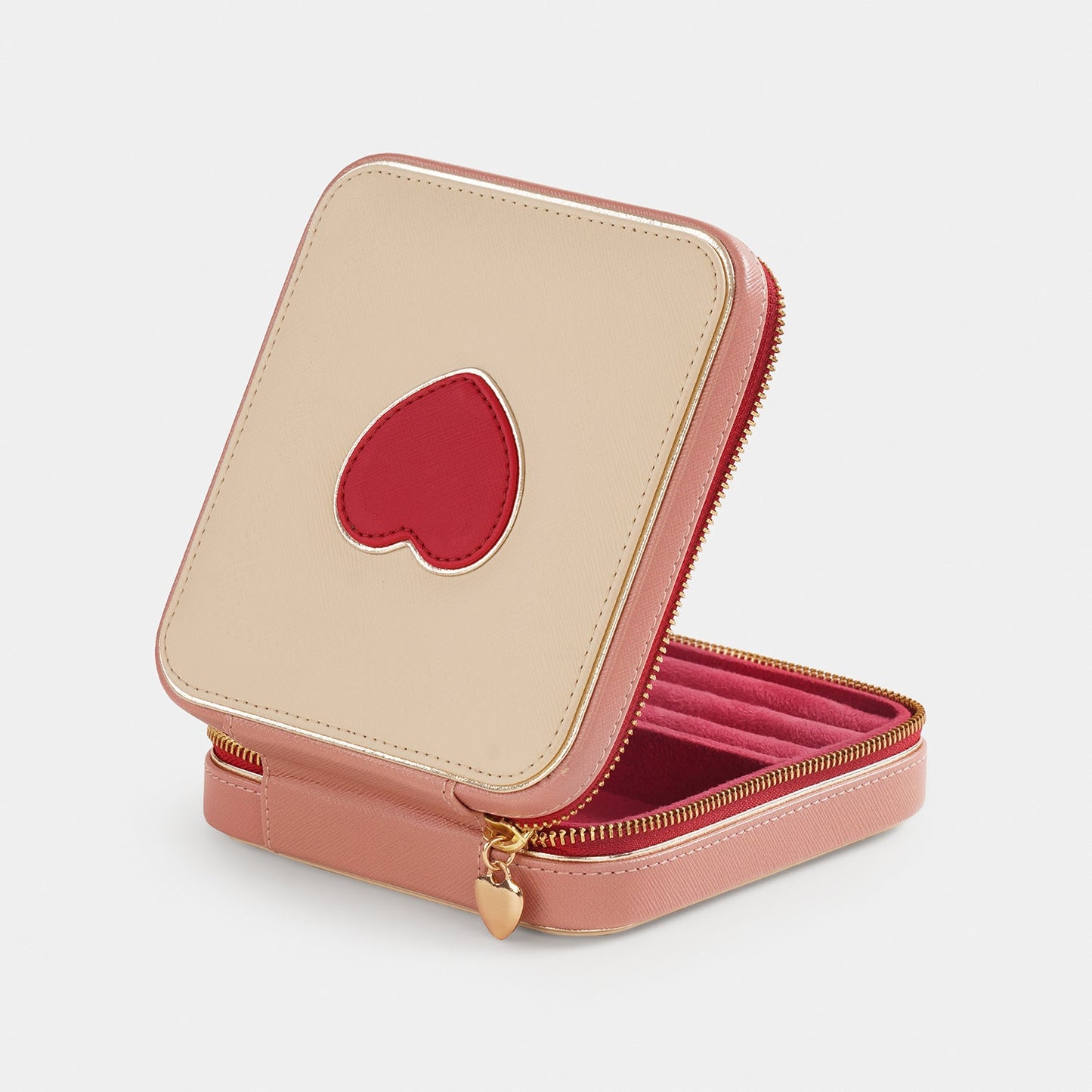 Beige Red Heart Faux Leather Jewellery Box - Small