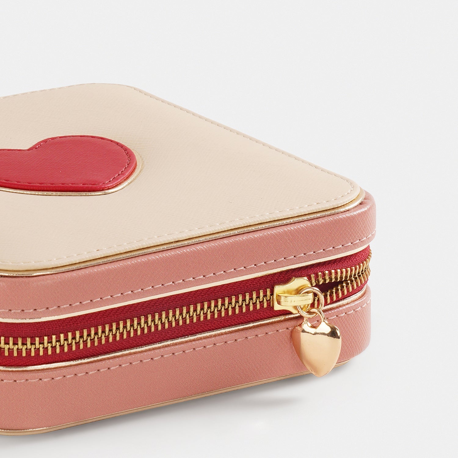 Beige Red Heart Faux Leather Jewellery Box - Small
