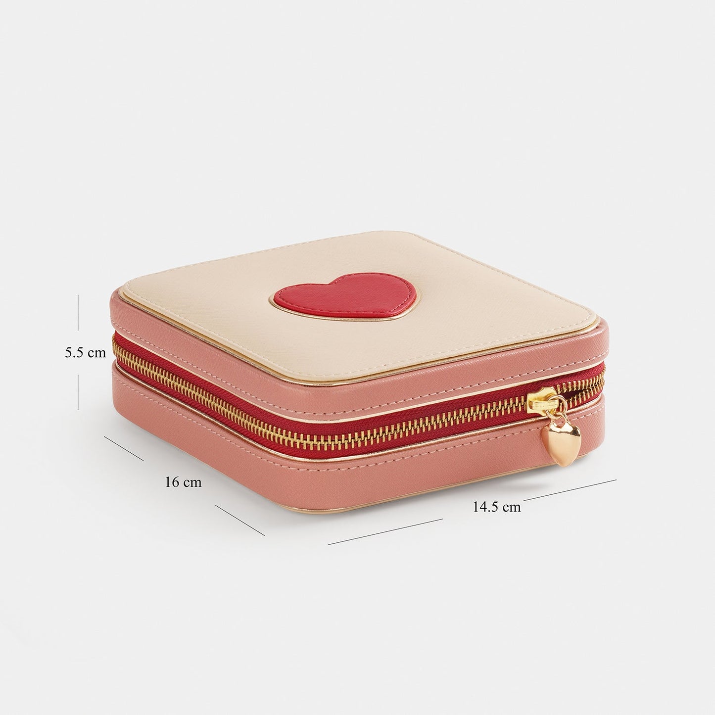 Beige Red Heart Faux Leather Jewellery Box - Small