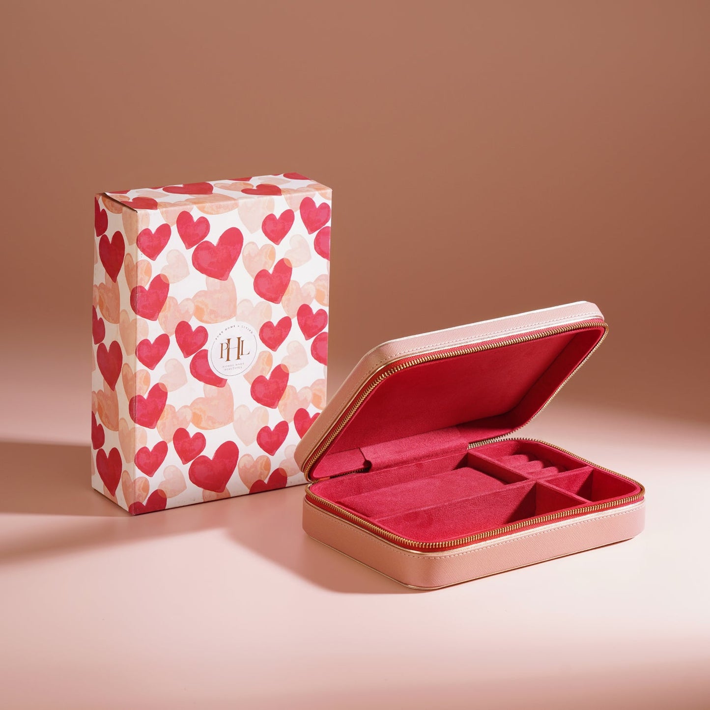 Beige Red Heart Faux Leather Jewellery Box - Large
