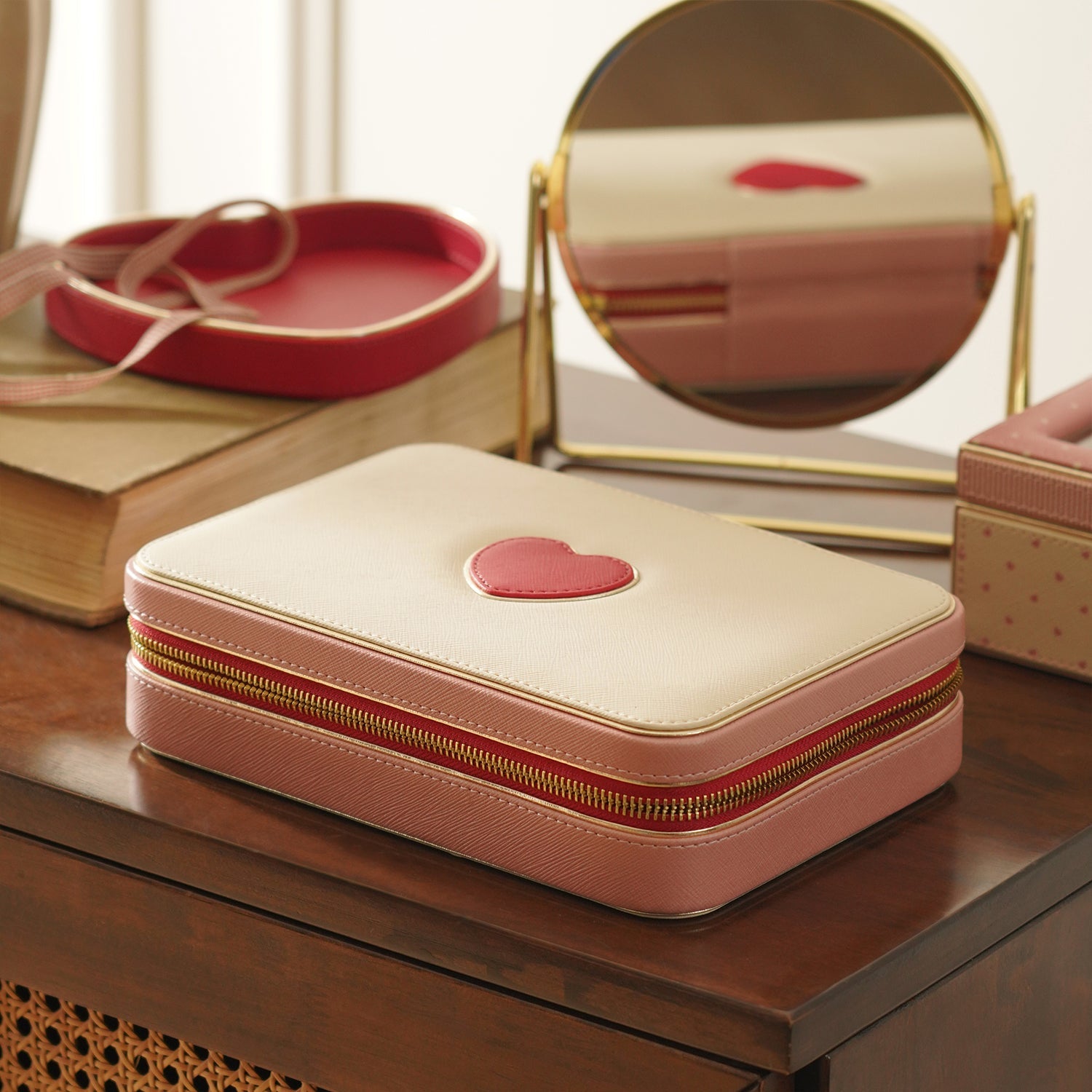 Beige Red Heart Faux Leather Jewellery Box - Large