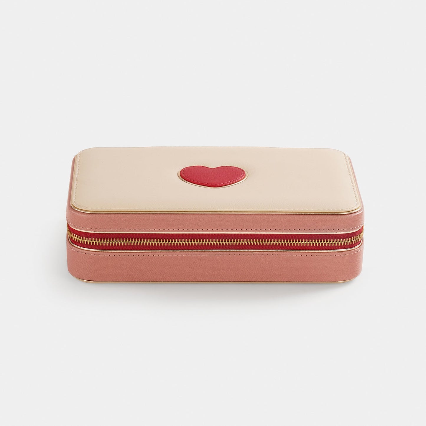 Beige Red Heart Faux Leather Jewellery Box - Large