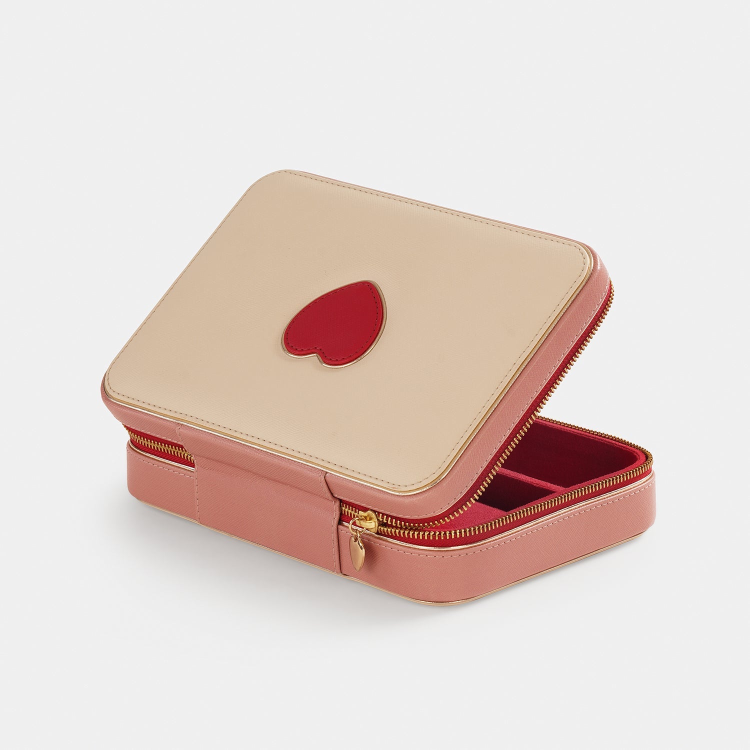 Beige Red Heart Faux Leather Jewellery Box - Large