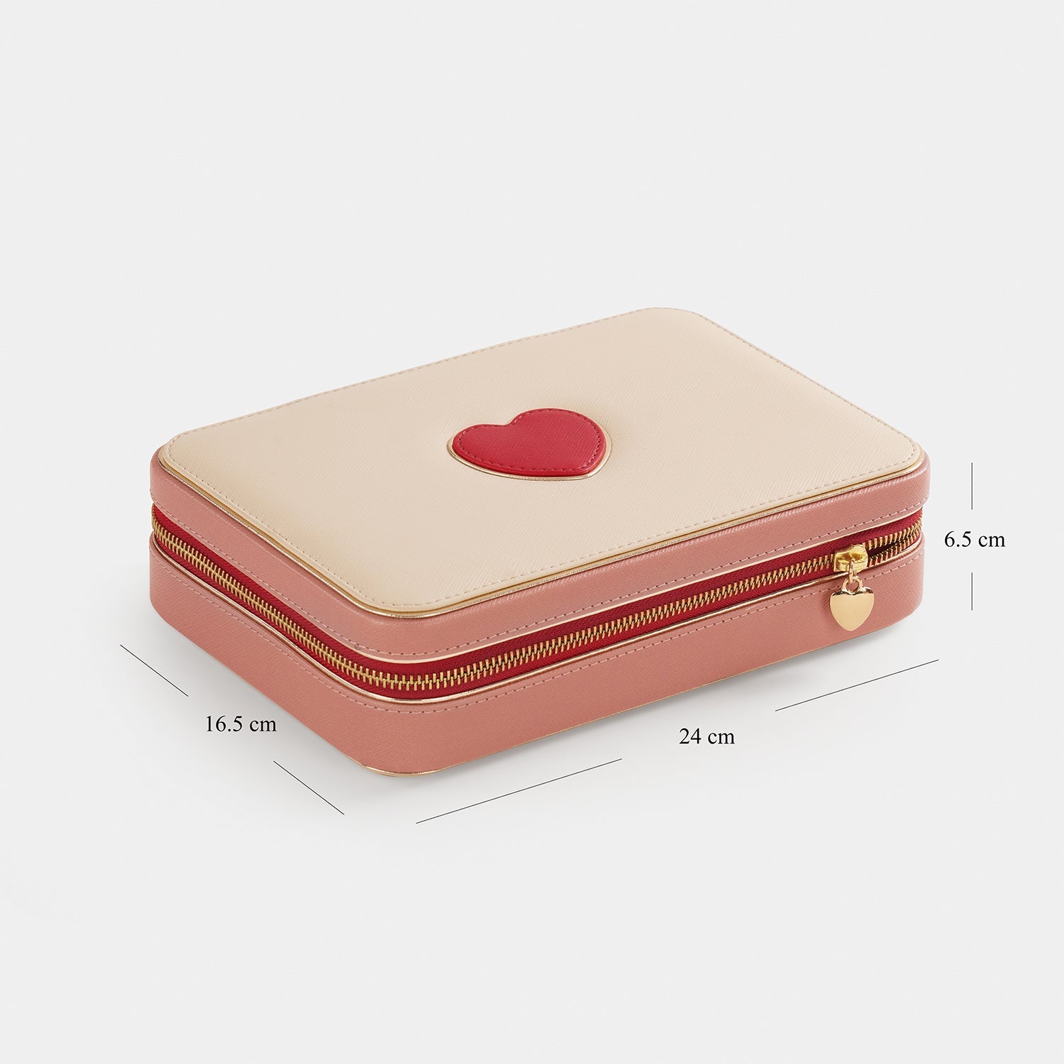 Beige Red Heart Faux Leather Jewellery Box - Large