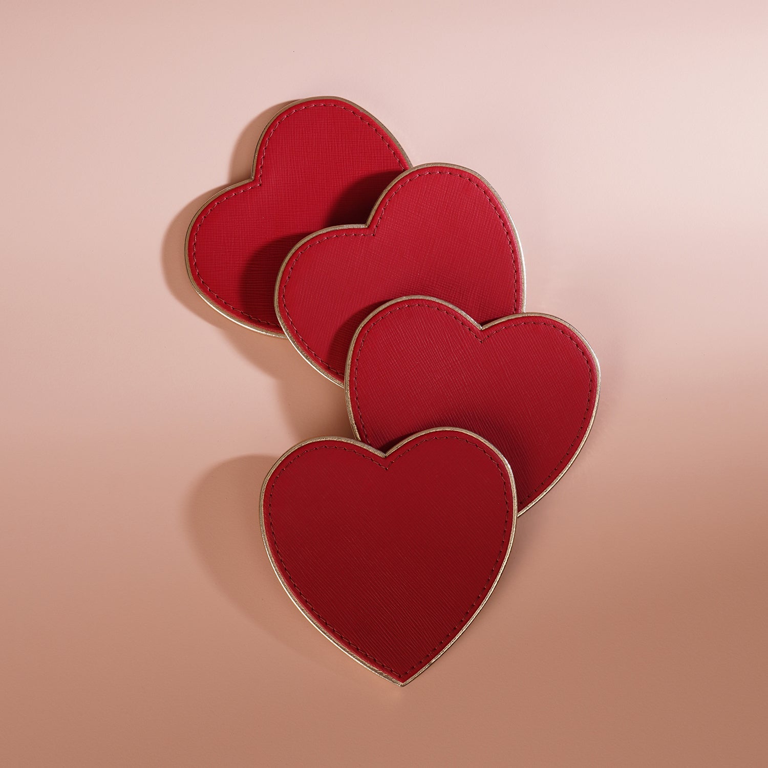Set of 4 Red Heart Shaped Faux Leather Coaster