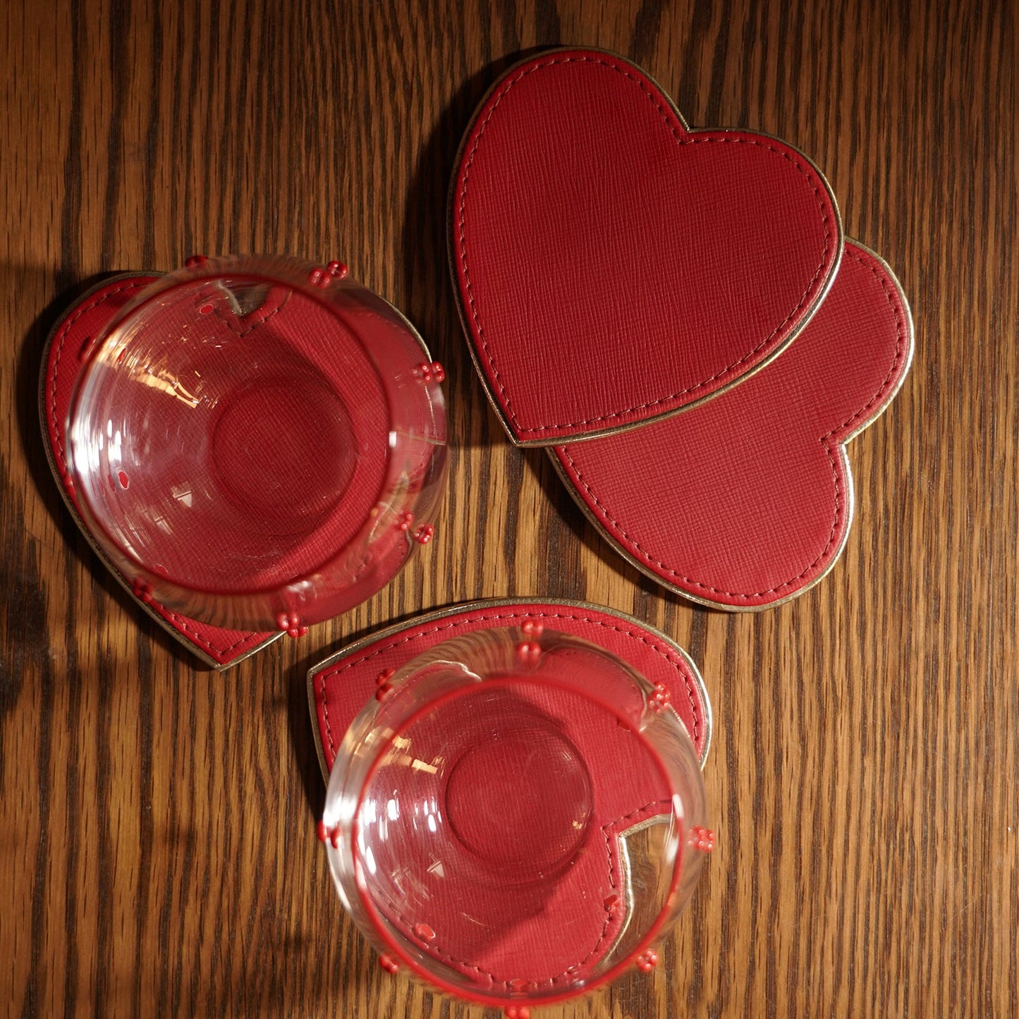 Set of 4 Red Heart Shaped Faux Leather Coaster