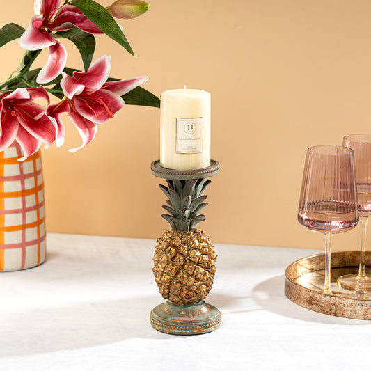【Pure Home + Living】 Antique Gold & Green Pineapple Candle Holder - Large｜アンティークゴールド＆グリーン パイナップル キャンドルホルダー（L）｜10×10×24cm