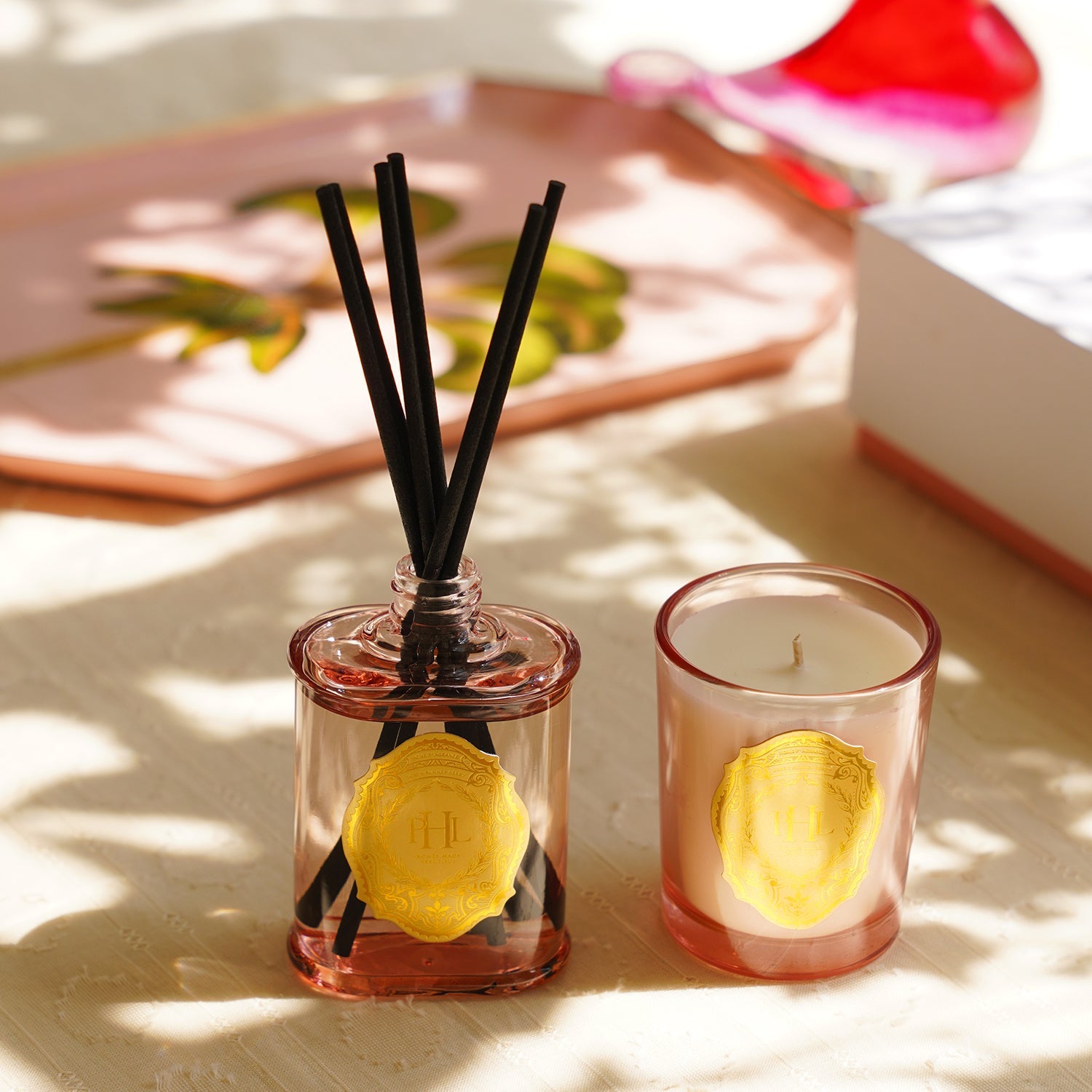 Set of 2 Light Pink Rose and Summer Berry Scented Wax Filled Jar Candle and Diffuser