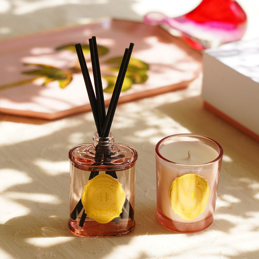 Set of 2 Light Pink Rose and Summer Berry Scented Wax Filled Jar Candle and Diffuser