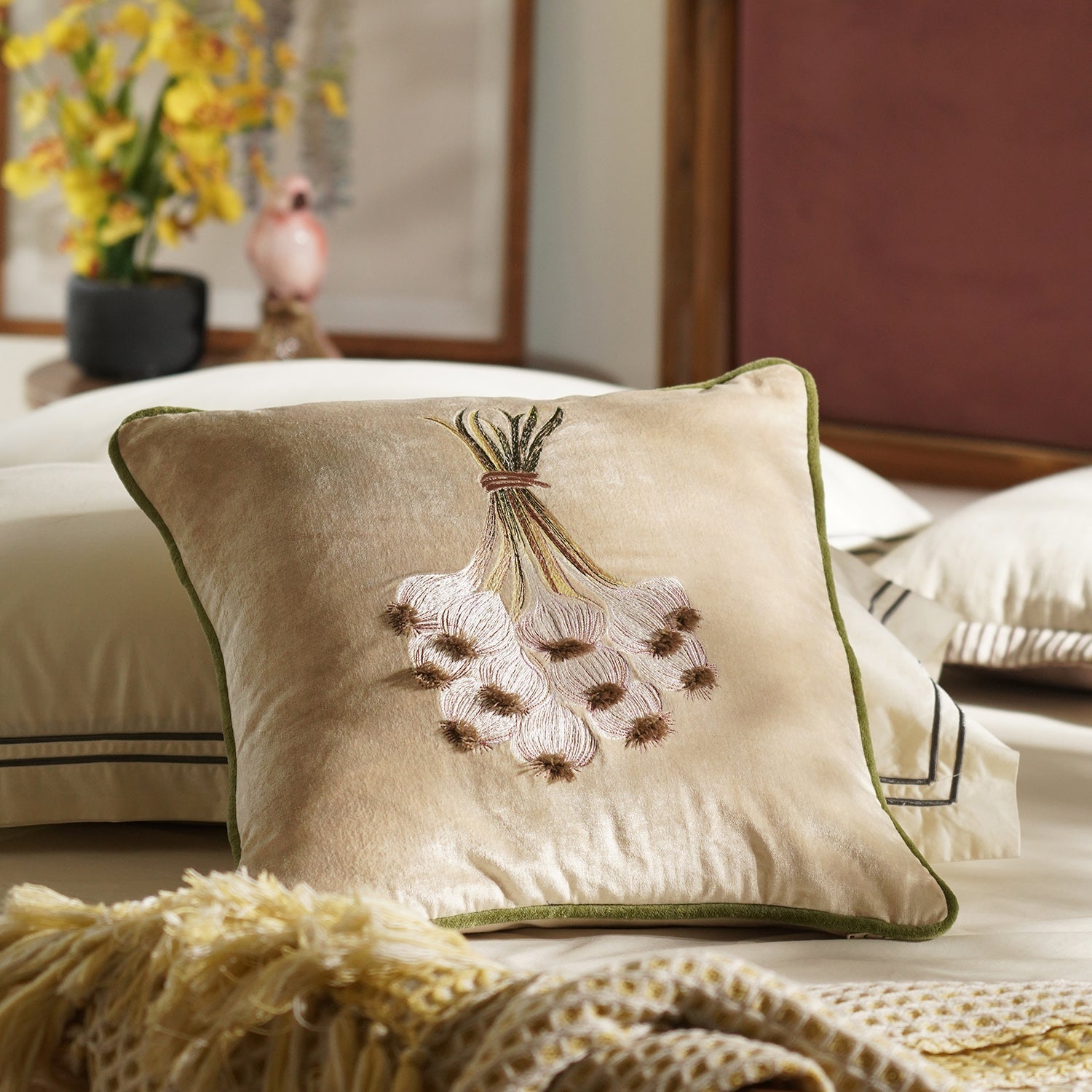 Beige Garlic Motif Embroidered Cushion Cover
