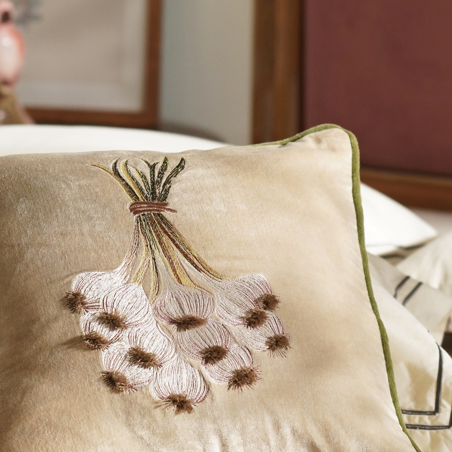 Beige Garlic Motif Embroidered Cushion Cover