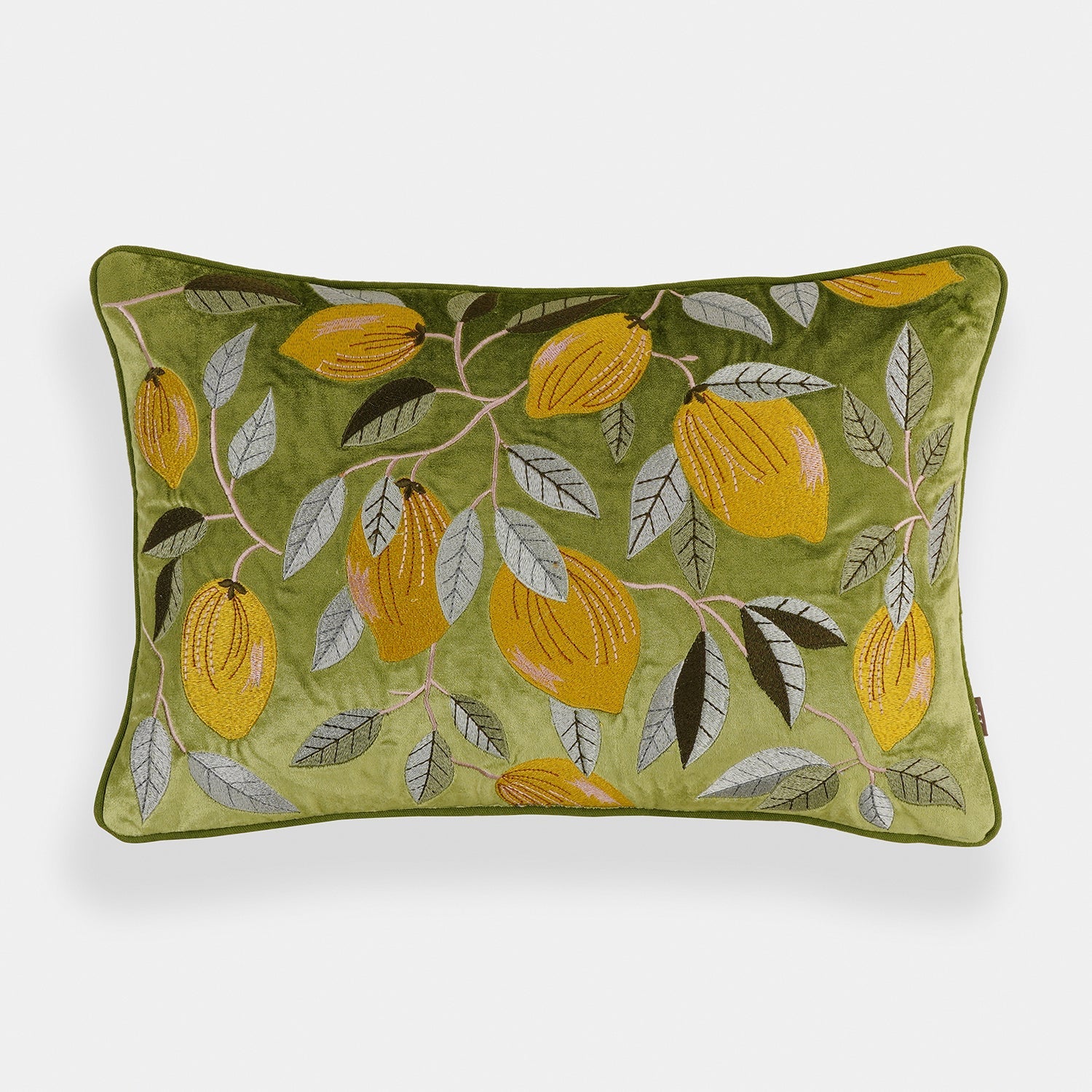 Green Lemon Embroidered Velvet Cushion Cover