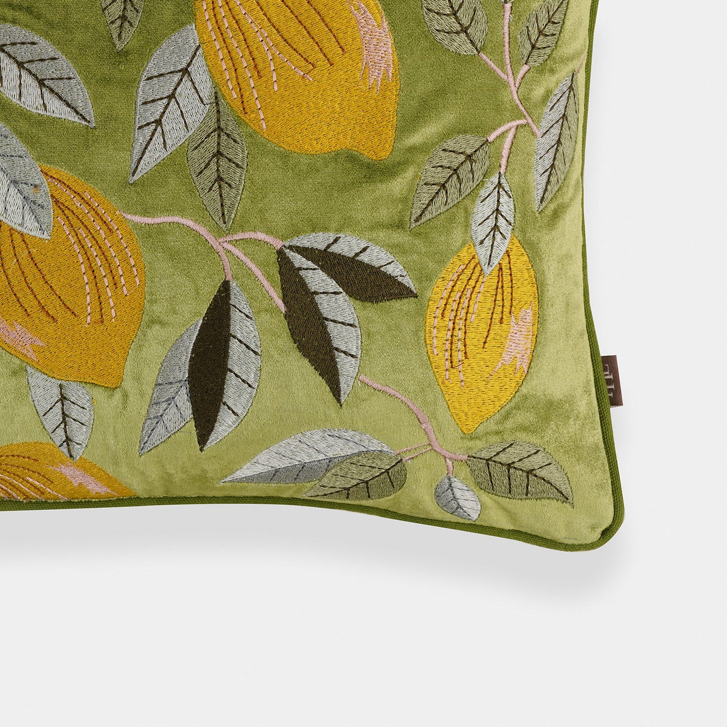 Green Lemon Embroidered Velvet Cushion Cover