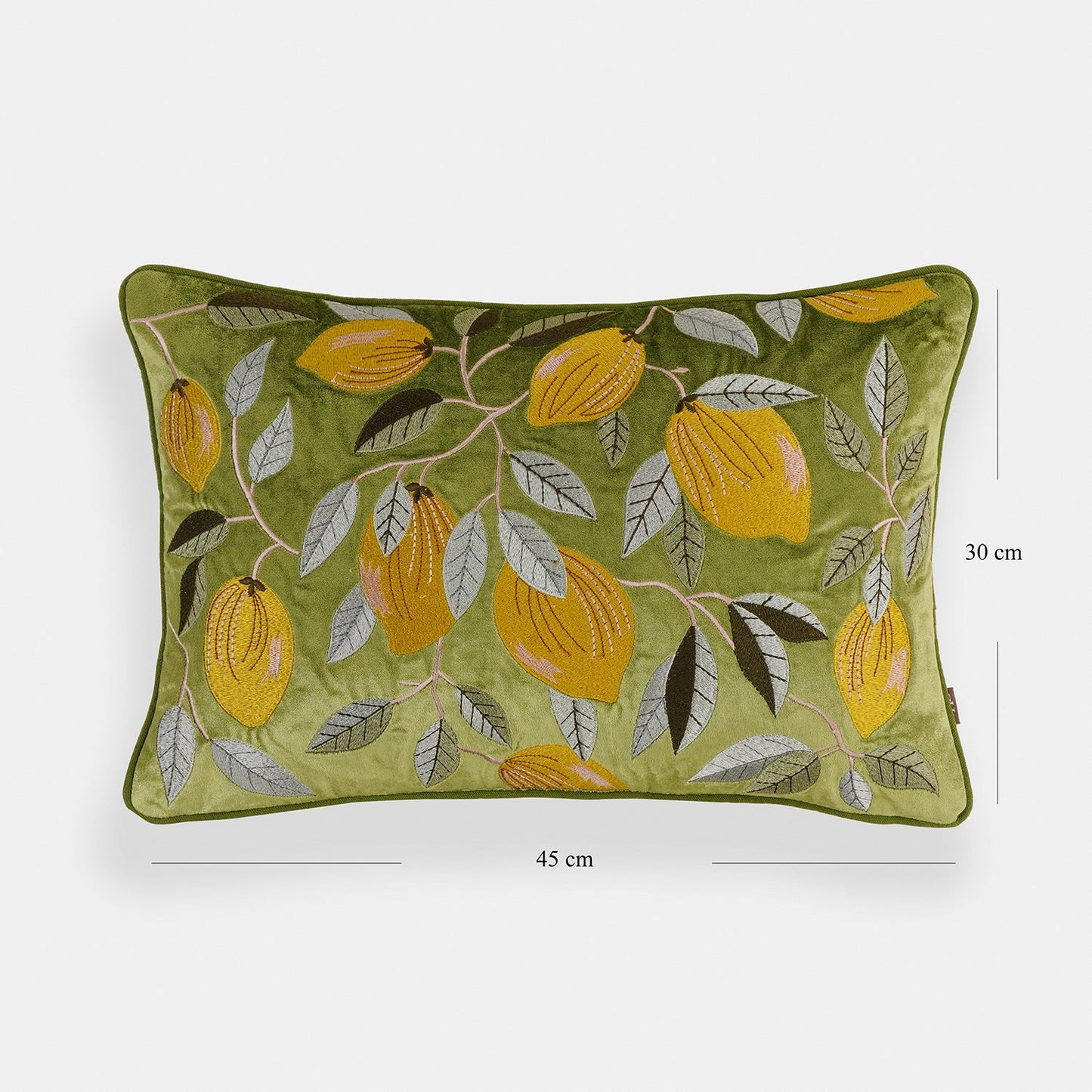 Green Lemon Embroidered Velvet Cushion Cover