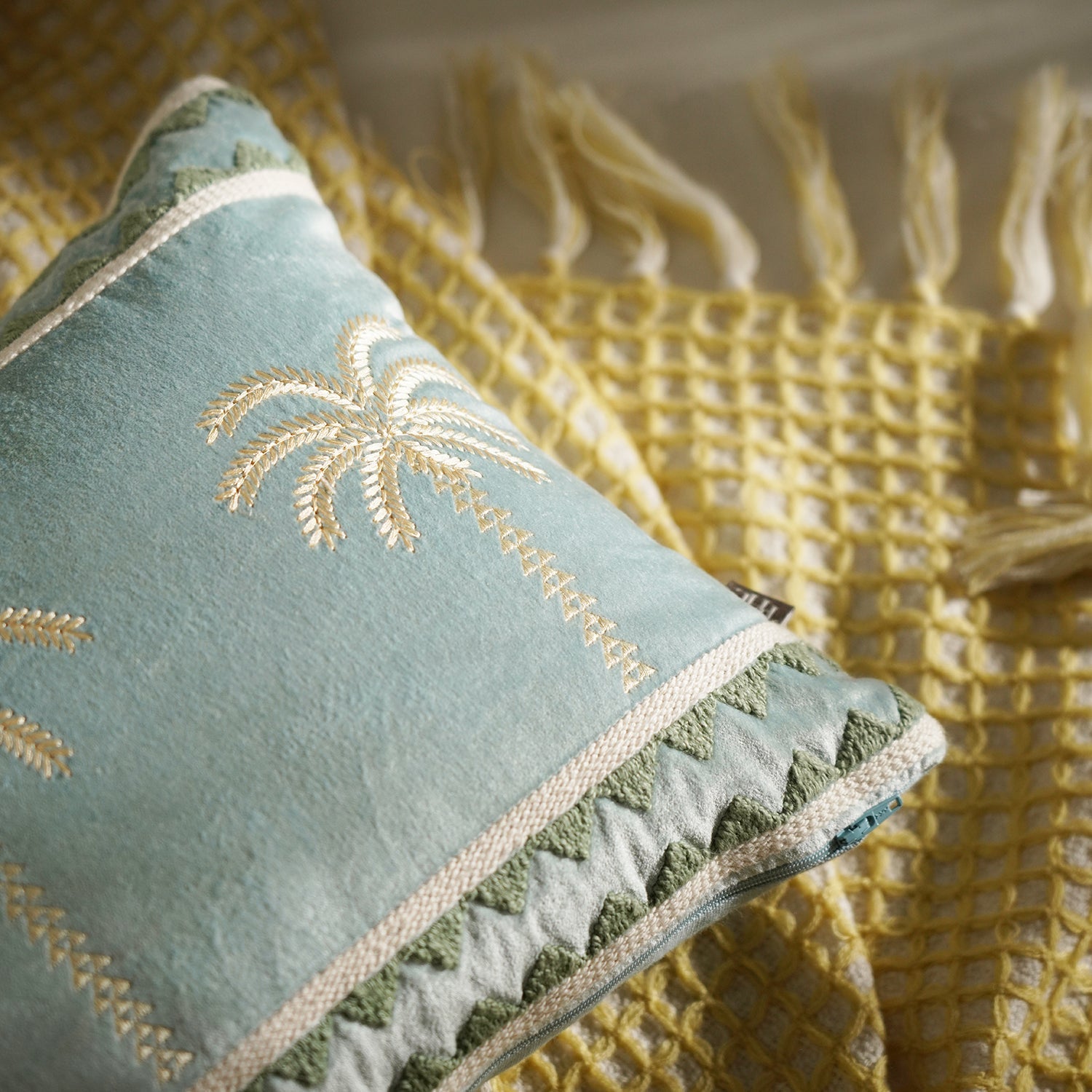 Blue Palm Embroidered Velvet Cushion Cover