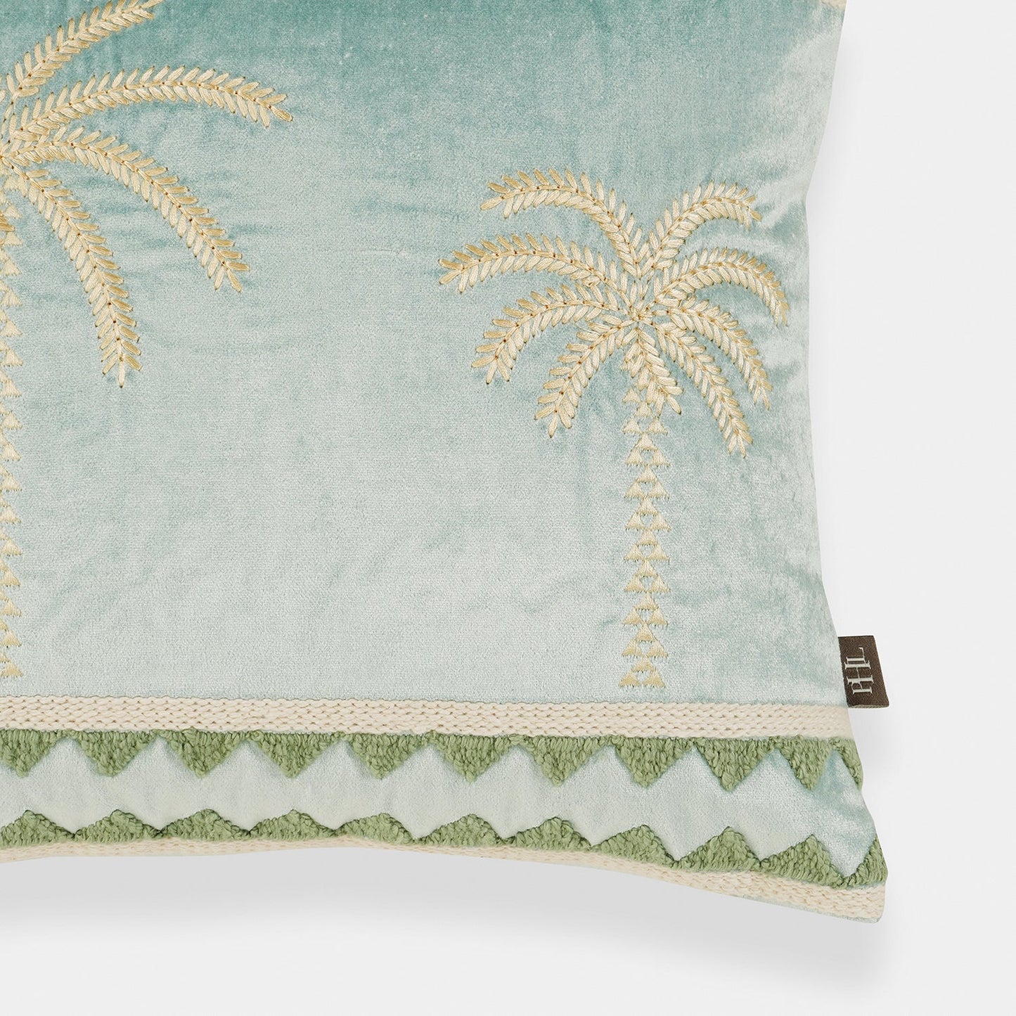 Blue Palm Embroidered Velvet Cushion Cover
