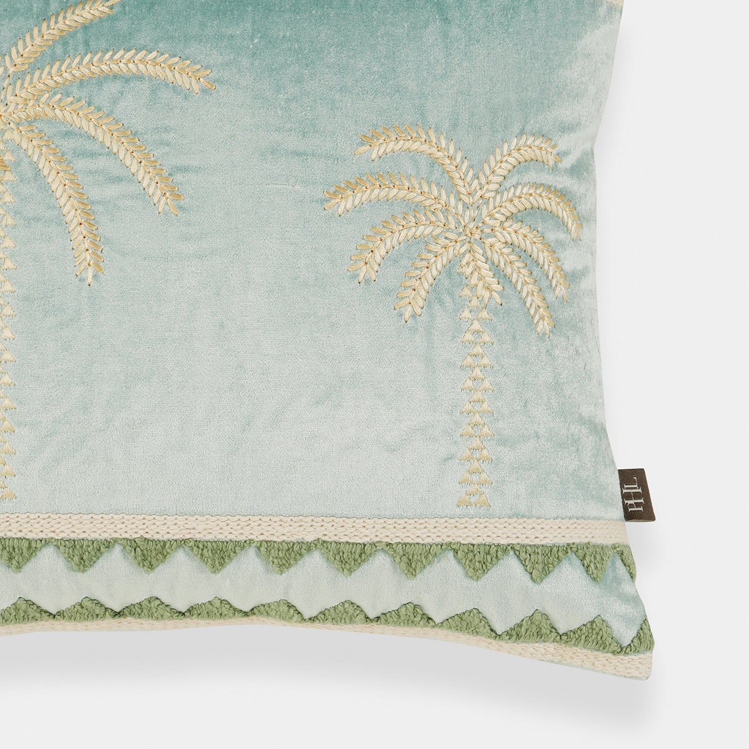 Blue Palm Embroidered Velvet Cushion Cover