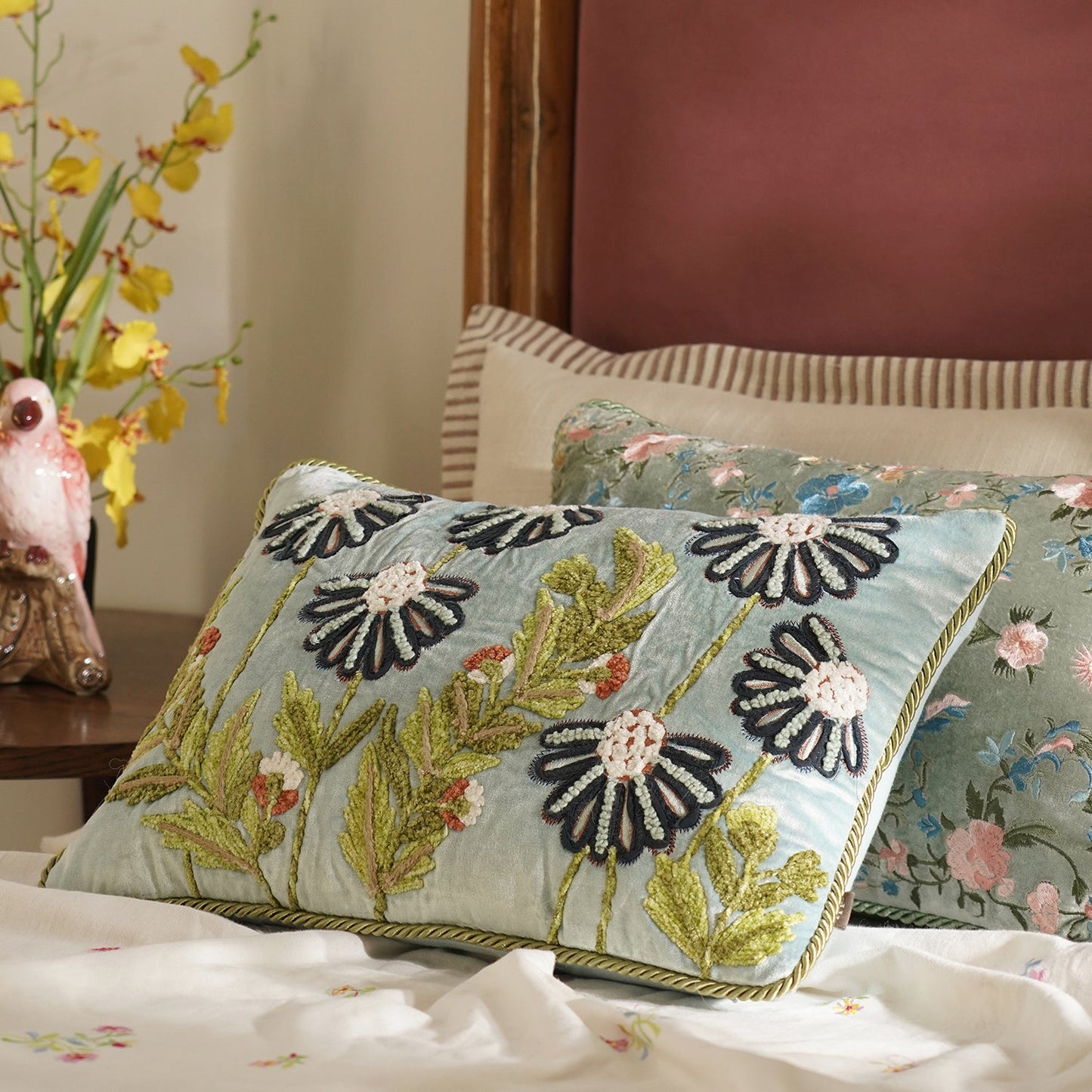 Blue Floral Embroidered Velvet Cushion Cover