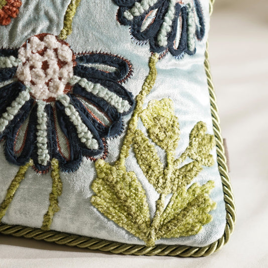 Blue Floral Embroidered Velvet Cushion Cover