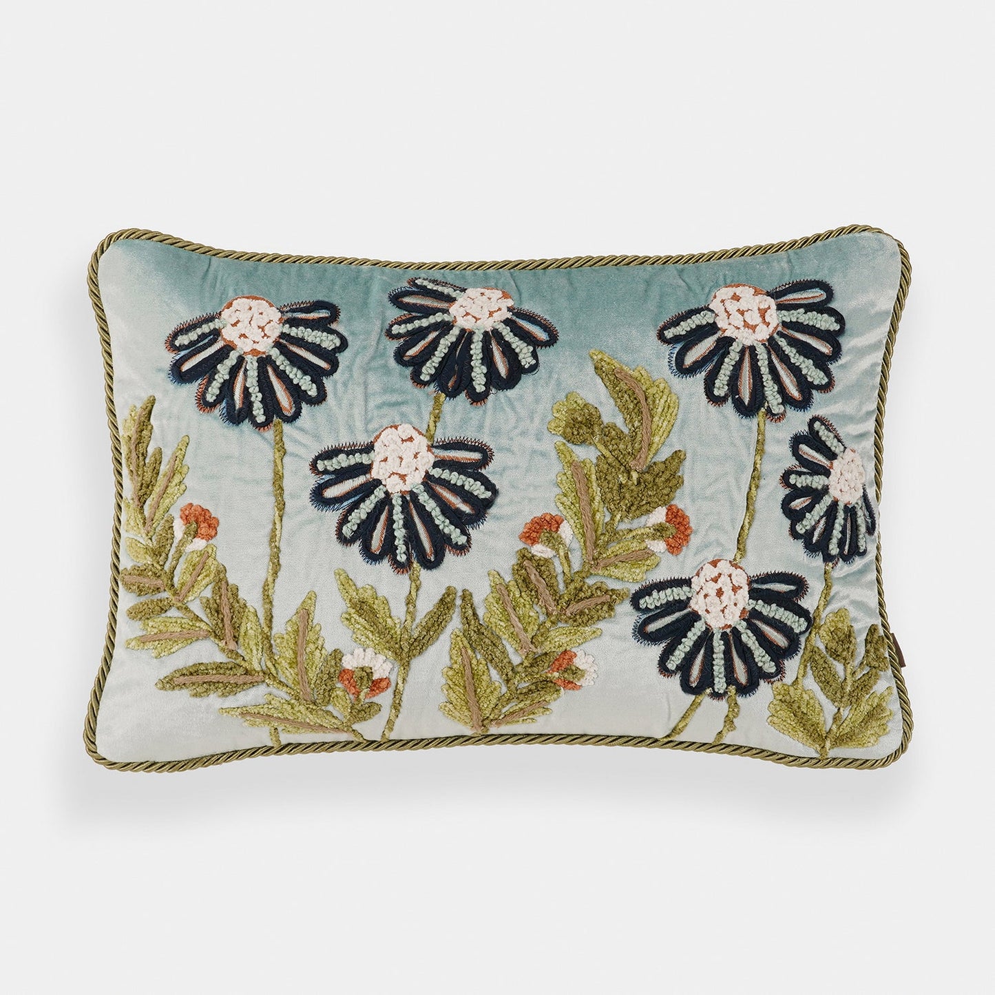 Blue Floral Embroidered Velvet Cushion Cover