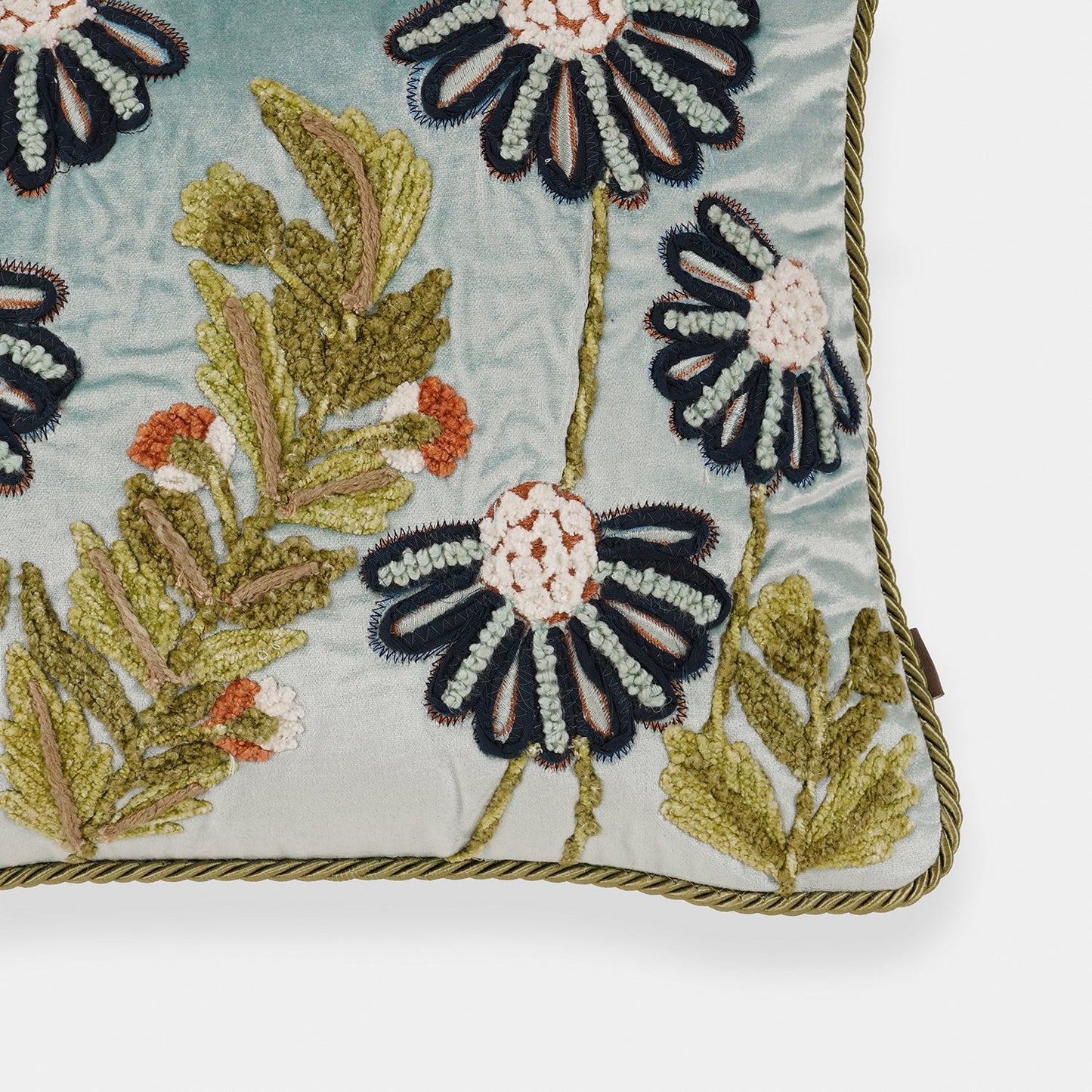 Blue Floral Embroidered Velvet Cushion Cover