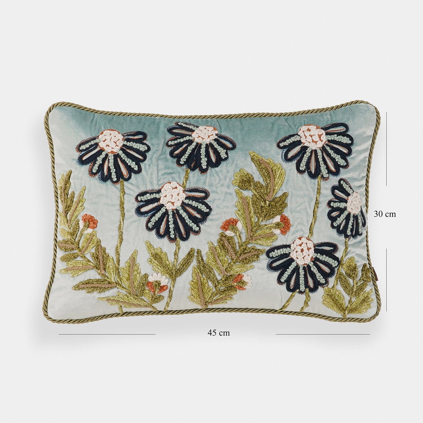 Blue Floral Embroidered Velvet Cushion Cover
