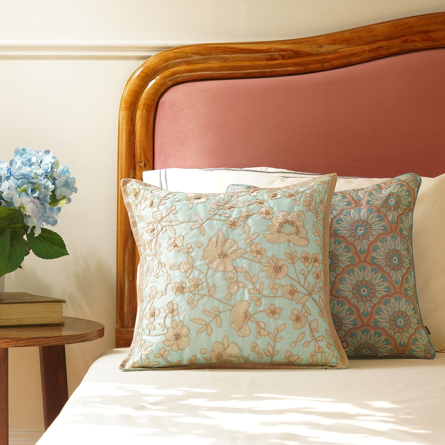 Blue Floral Embroidered Cushion Cover